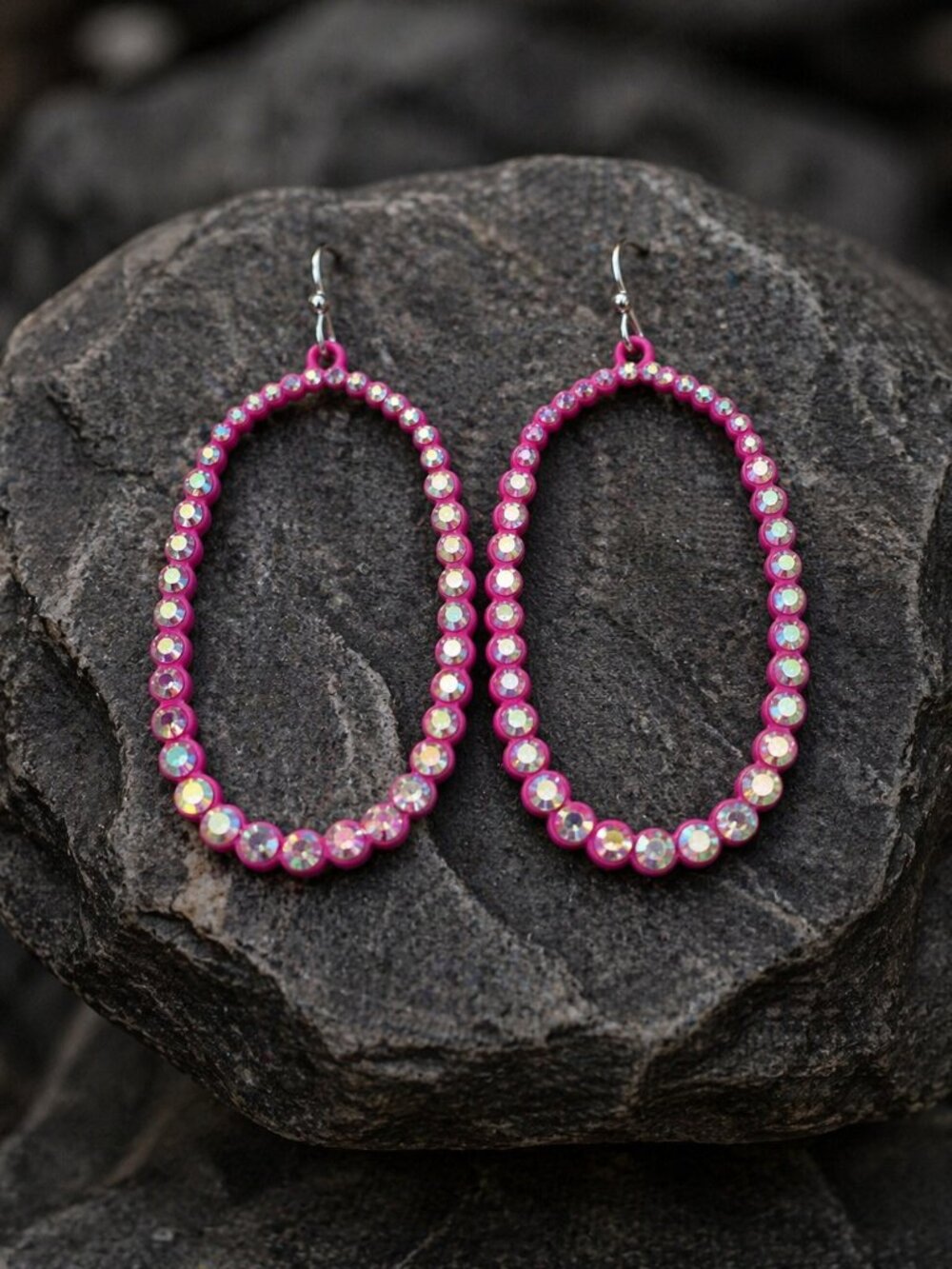 2 for $12 -Stunning hot pink oval rhinestone hoops!